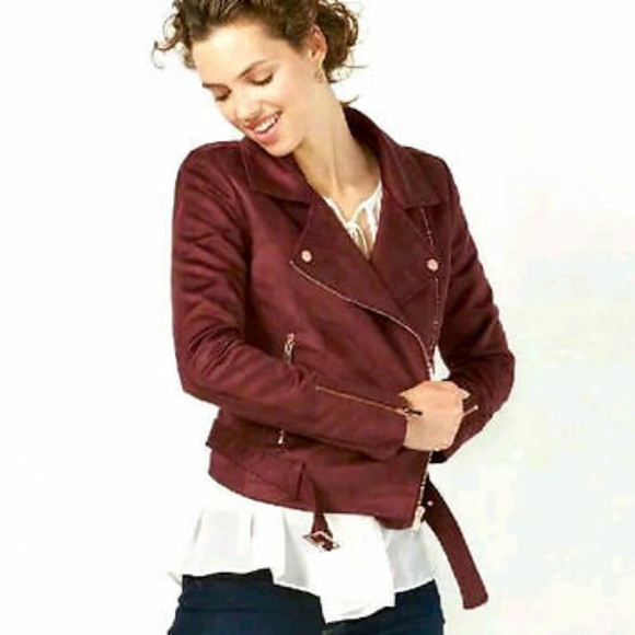 LC Lauren Conrad Jackets & Blazers - Lauren Conrad | Burgundy Faux Suede Moto Jacket